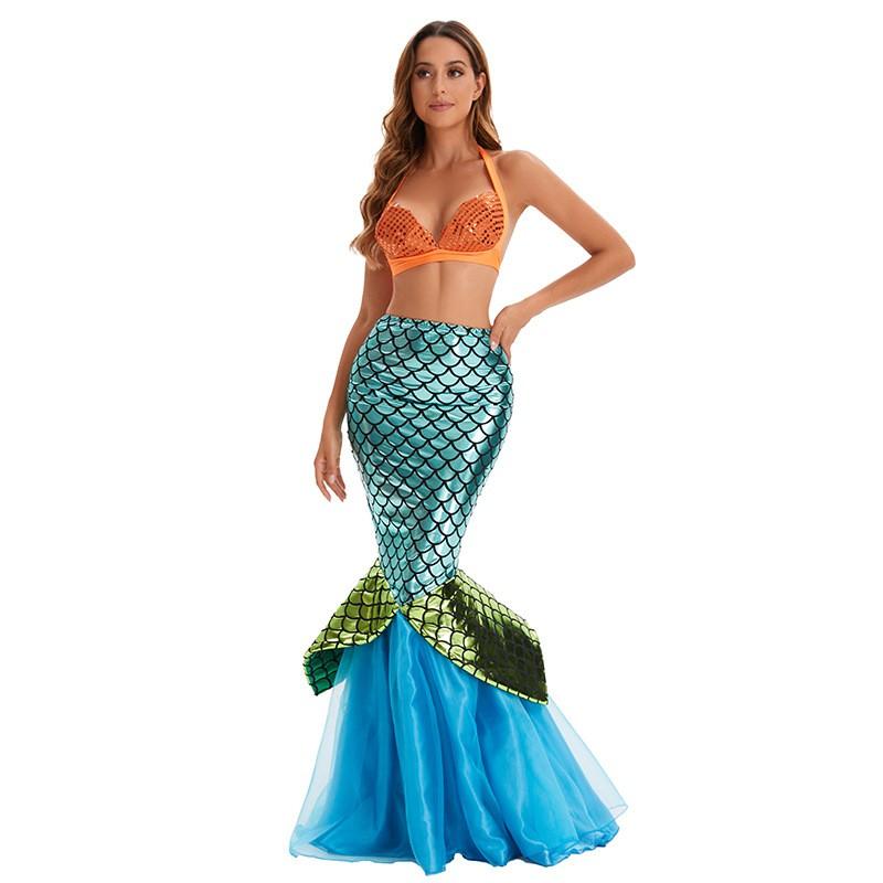 Mermaid Costume Dress Women Adult Halloween Party Cosplay Sexy Sequin Gown Stage Performance Outfit