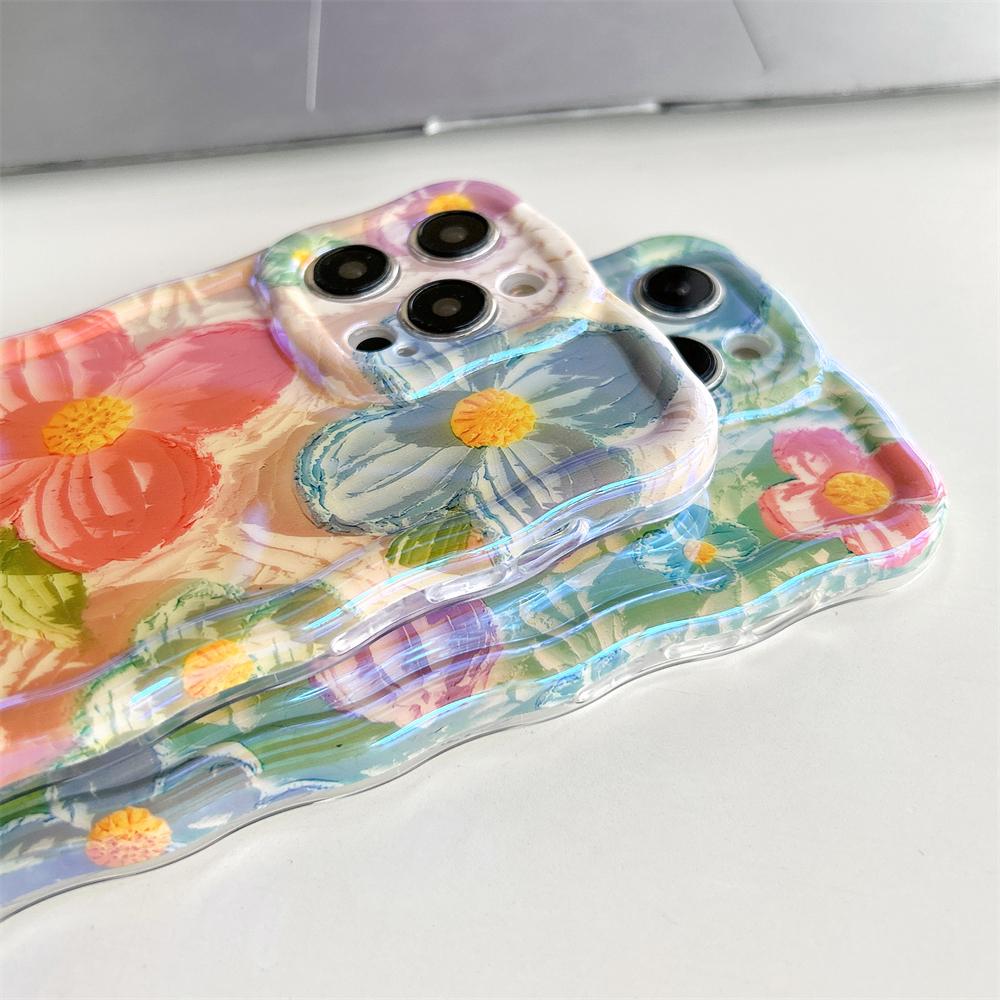 Laser Blue Light Flowers Case For iPhone 15 14 12 13 11 Pro Max Wavy Frame Pattern Camera Protection Shockproof Soft Cover Funda