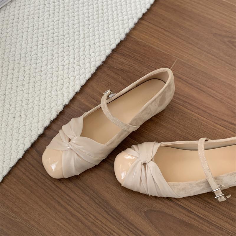 Fashion One Strap Suede Inside Heightened Flats Women's Round Toe Shallow Mouth Pleated Anti-Slip Wear-Resistant Low Top Shoes