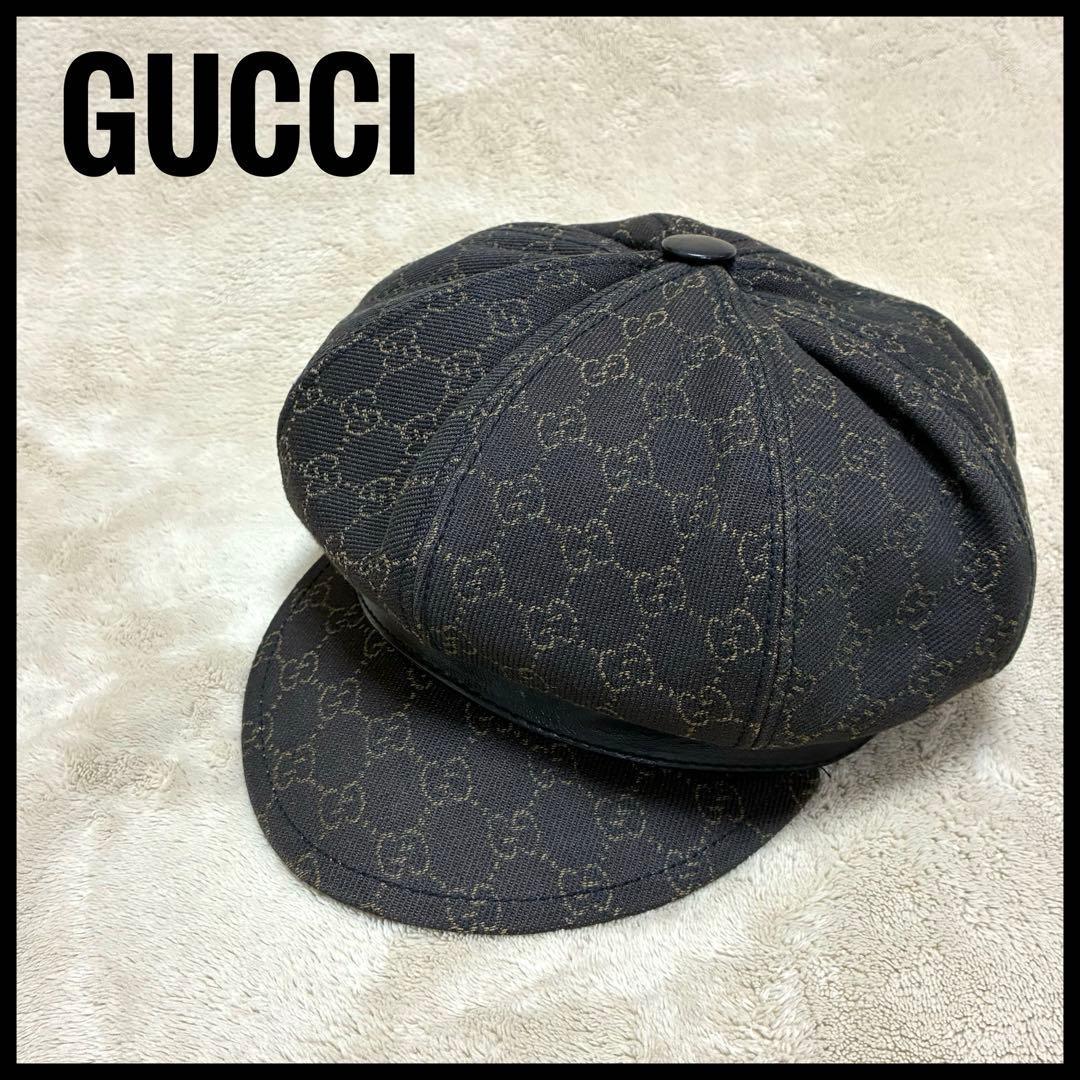 Used Good Condition Gucci GG Canvas Casquette Hat Leather Dark Brown L