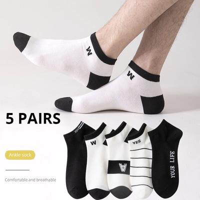 5 Paar Herrensocken Einfache Sommer Atmungsaktive Low-Top-Socken Schwarz und Weiß Buchstaben Kurzer Schaft Herrensocken
