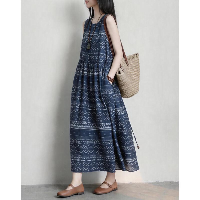 Women s Elegant Ethnic Print Sleeveless Summer Dress L