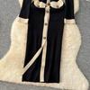 Autumn Winter Women Elegant Color Blocking Single Breasted Knitted Sweater Long Maxi Slim Bodycon Party Dresses
