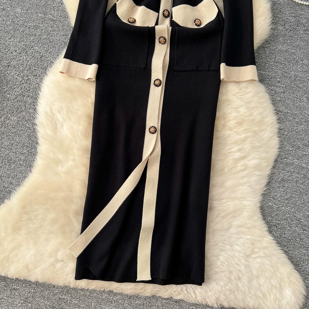 Autumn Winter Women Elegant Color Blocking Single Breasted Knitted Sweater Long Maxi Slim Bodycon Party Dresses