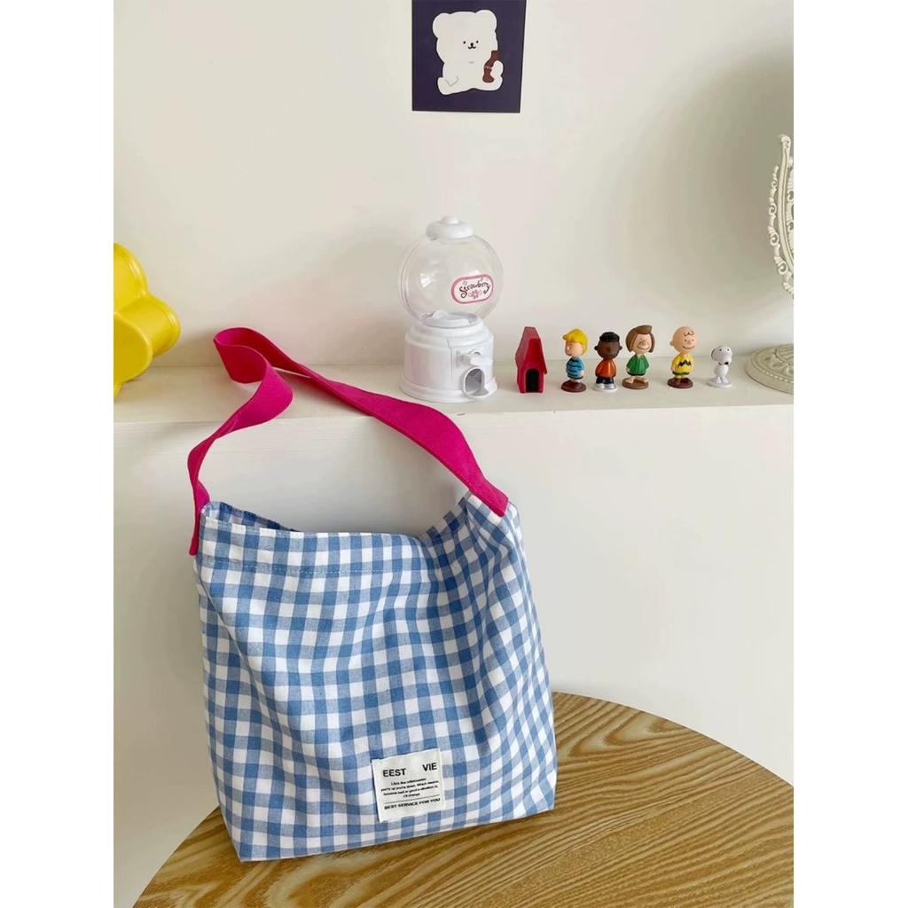 Lazy Wind Contrasting Color Plaid Canvas Bag Women's New Mori Literary and Artistic Style Shoulder Bag Commuter Tote Bag