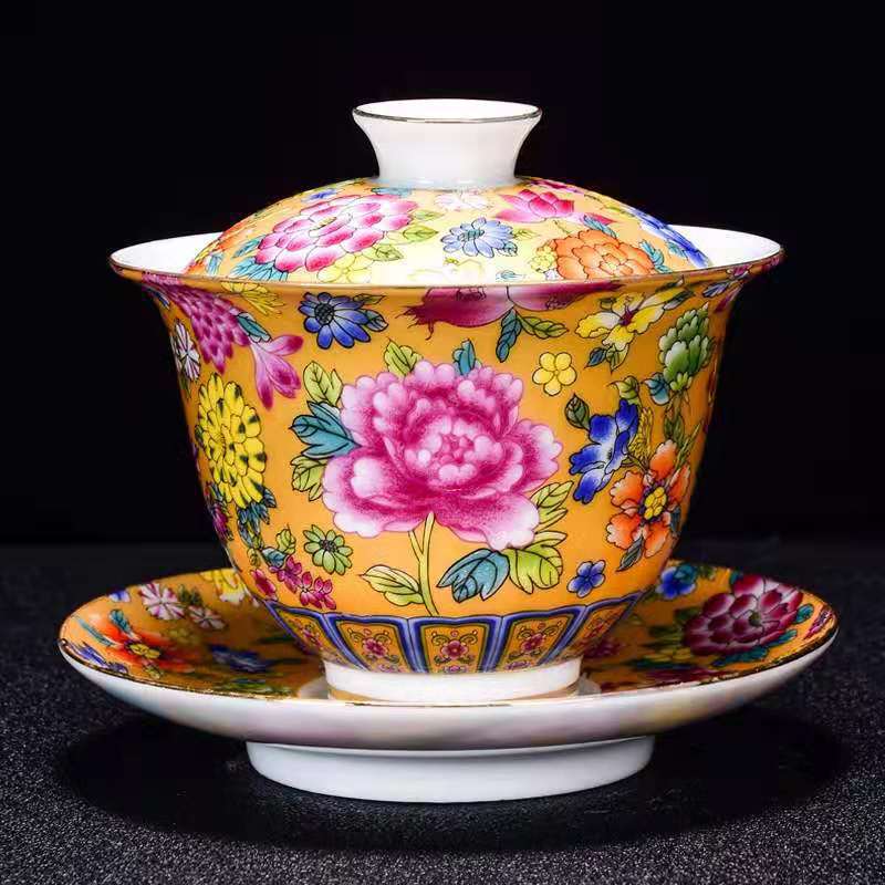 Large Ceramic Teapot Set with Hand Painted Flowers Home Tea Brewing Kungfu Tea Kit with Handle