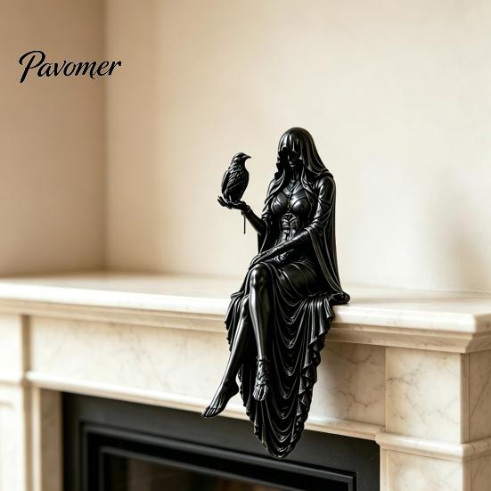 Durable Decorative Statue 3D Printed/Resin Hooded Lady Bookshelf Figure, Gothic Sitting Sculpture, Retro Style Ornament Mystery Cloak Goddess for Home