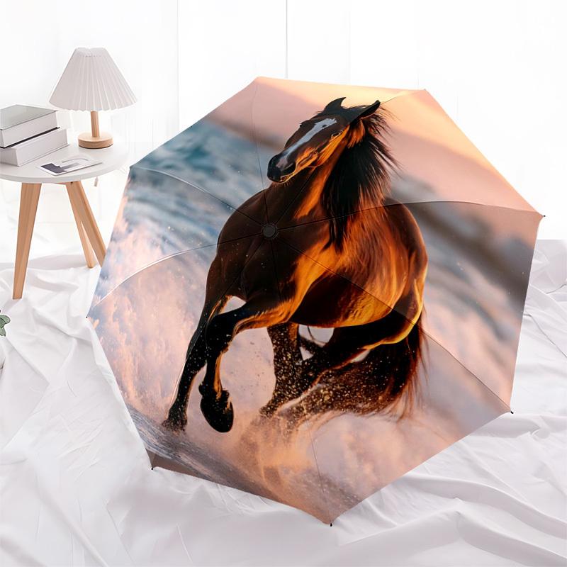 1pc Horse Ocean Automatic Open/Close Umbrella 8-Rib Strong Frame, Portable Travel Umbrella for Women & Men, Birthday Gift Parties 053