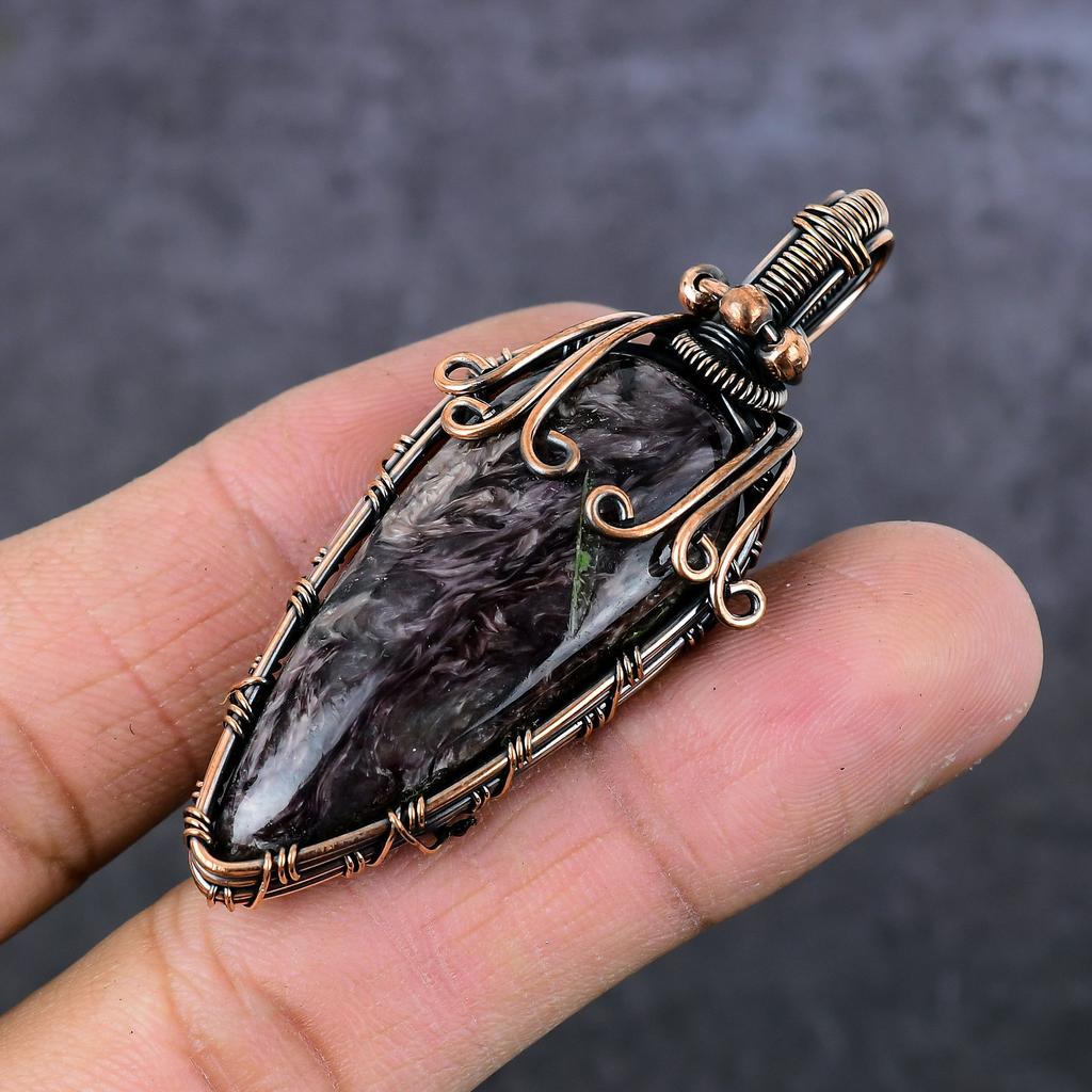Russian Charoite Gemstone Copper Wire Wrap Jewelry Pendant 2.56" j7k60