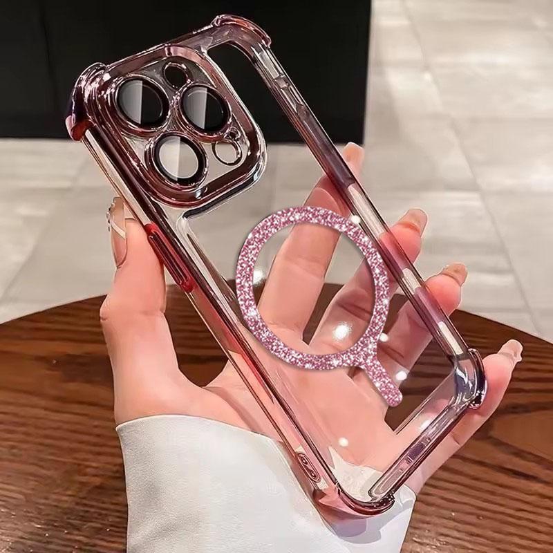 Transparent Plating Shockproof Glitter Magnetic Phone Case For 17 15 16 14 11 12 13 Pro Max Plus 17 Air For Magsafe Cover