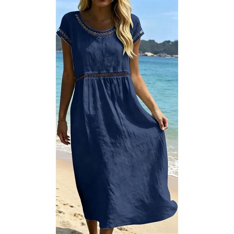 JPNTKY Fashion Summer Spring  Solid Color Print O-Neck Short Sleeve Casual Dresses
