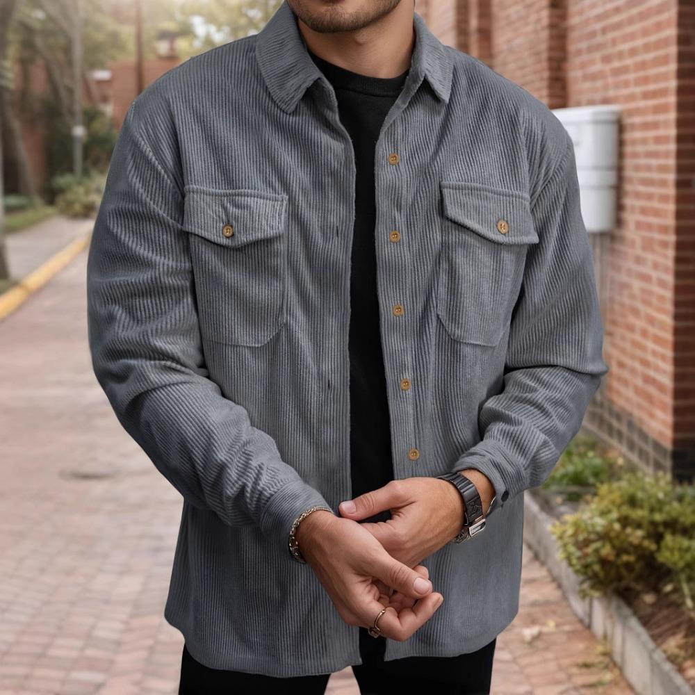 Men's Casual Long-sleeved Button Corduroy Shirt, Fashionable and Comfortable Jacket with Double Pockets - Street Style Jacket, Lapel Casual Shirt
