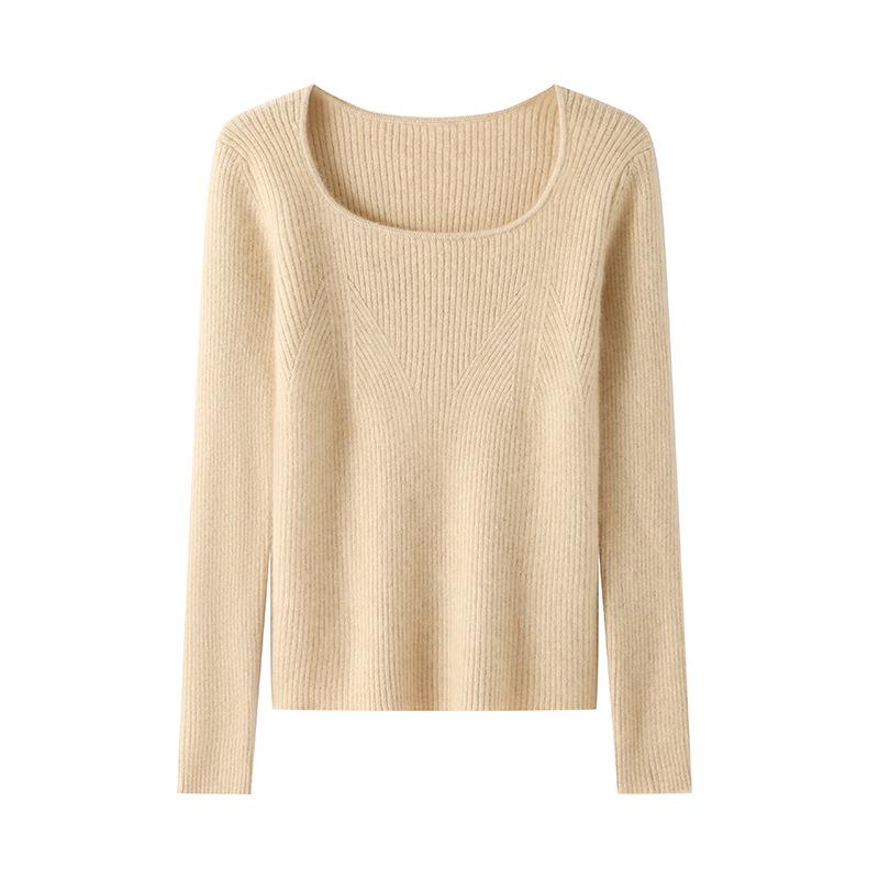 Chic Age-Defying Color-Block U-Neck Cashmere Sweater for Women - Slim Fit, Thick Knit Jacquard.