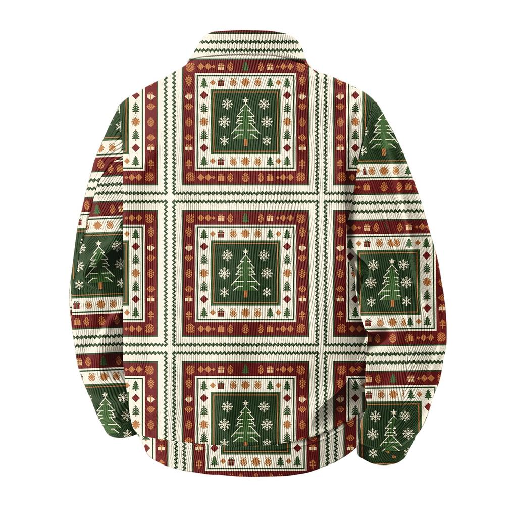 Men's Corduroy Collared Jacket Loose Fit Long Sleeve Casual Top with Christmas Print for Fall and Winter