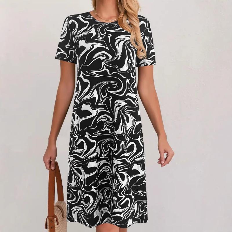 Damen Bedrucktes Kleid Elegant Mode Sommer Rundhals Kurzärmelig Locker
