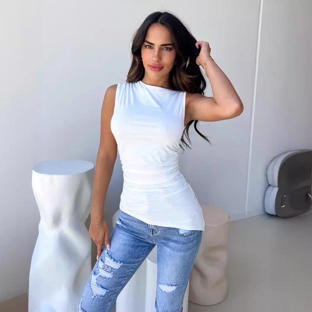 Hot-selling crew neck top in Europe and America, sexy sleeveless women's clothing, new pleated irregular top for women