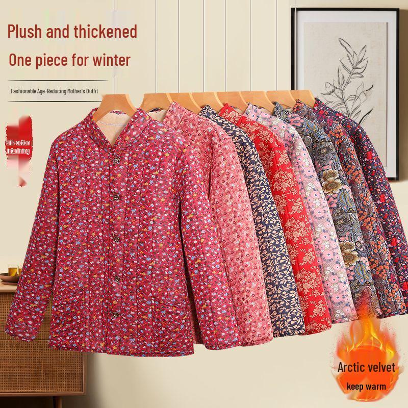 

Цветочная хлопковая куртка свободного кроя большого размера для матерей среднего и пожилого возраста No