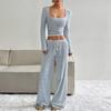 Women's Striped Pullover Long Sleeved Drawstring Wide Leg Pants Set