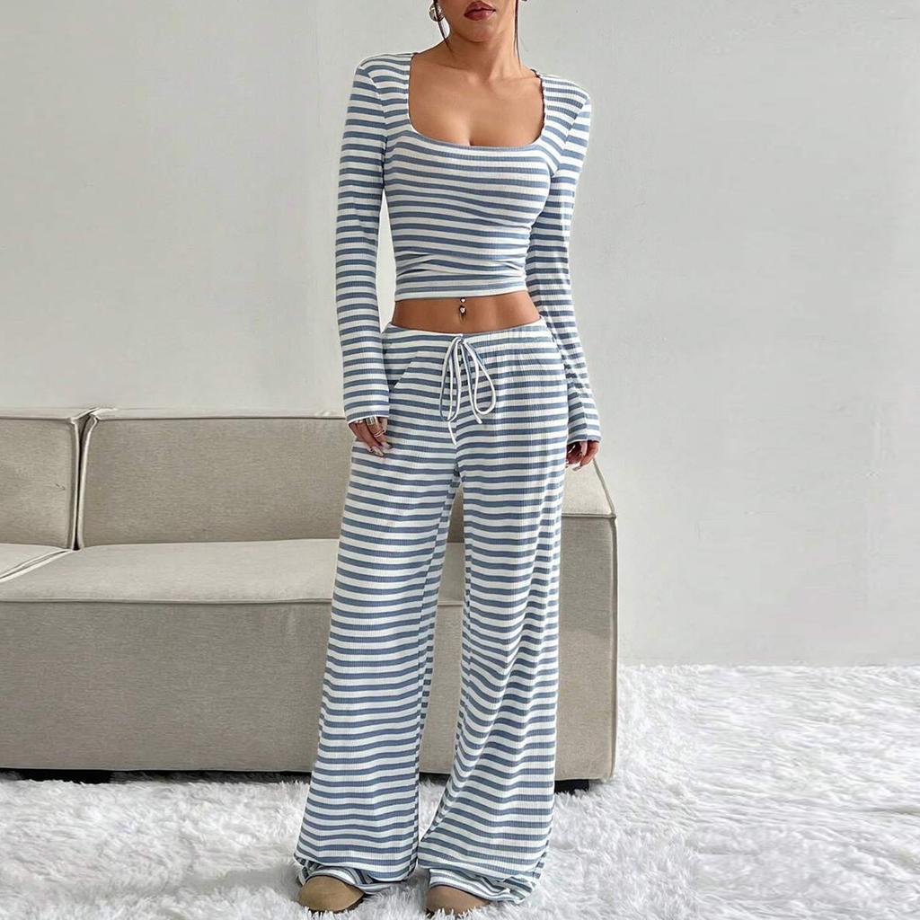 Women's Striped Pullover Long Sleeved Drawstring Wide Leg Pants Set