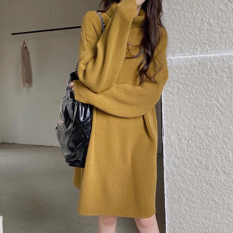 Korean Style High Neck Loose Sweater Dress - Petite Medium Length, Autumn/Winter