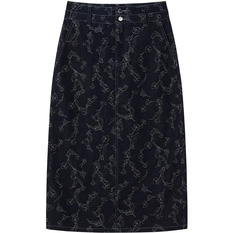 JUZUI Vintage Floral Jacquard Denim Midi Skirt