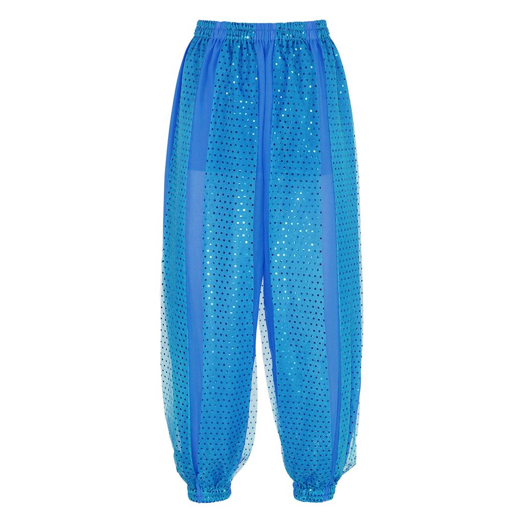 Womens Semi Sheer Chiffon Pants Sequined Dot Design Elastic Waist Belly Dance Performance Trousers