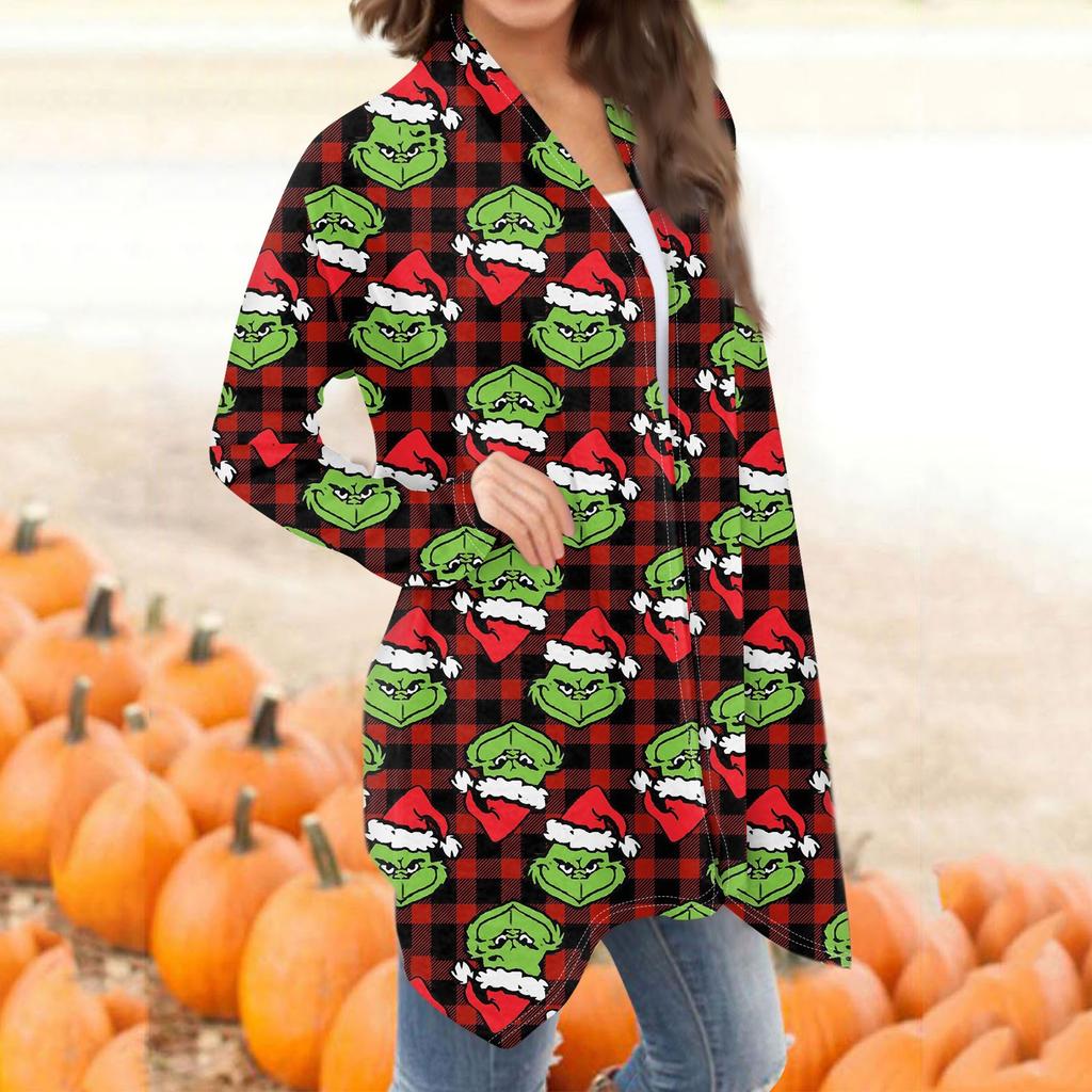Damenmode, lässig, Weihnachtsdruck, mittellanger Cardigan-Jackenmantel