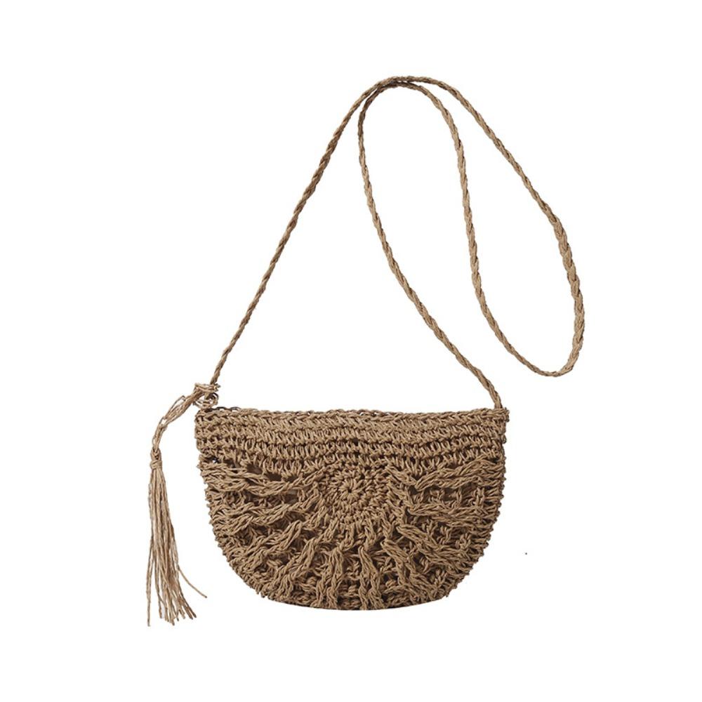 Half-round Straw Weave Bag Handmade Women's Crossbody Bag Trendy Woven Shoulder Bag  Beach
