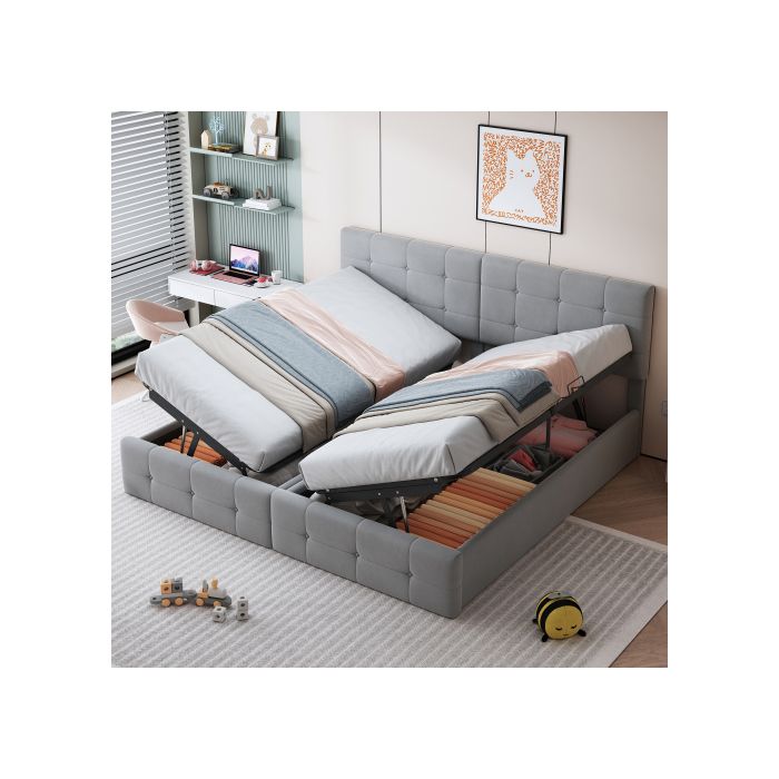 Lit Rembourré 180x200 Cm, Lit De Rangement Hydraulique, Lit Surélevé, Lit Double Multifonctionnel, Gris