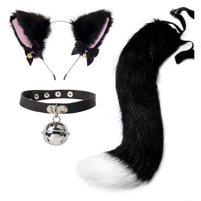 Cat Ear Bell Headband & Choker Set with Tail - Halloween Party Accessories