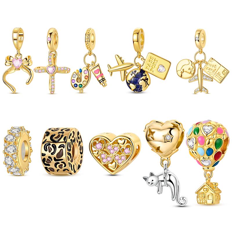 925 Silver Golden Charms Bead Plane Bow Cross Cat Dangle Fit Original Bracelet DIY Women Jewelry