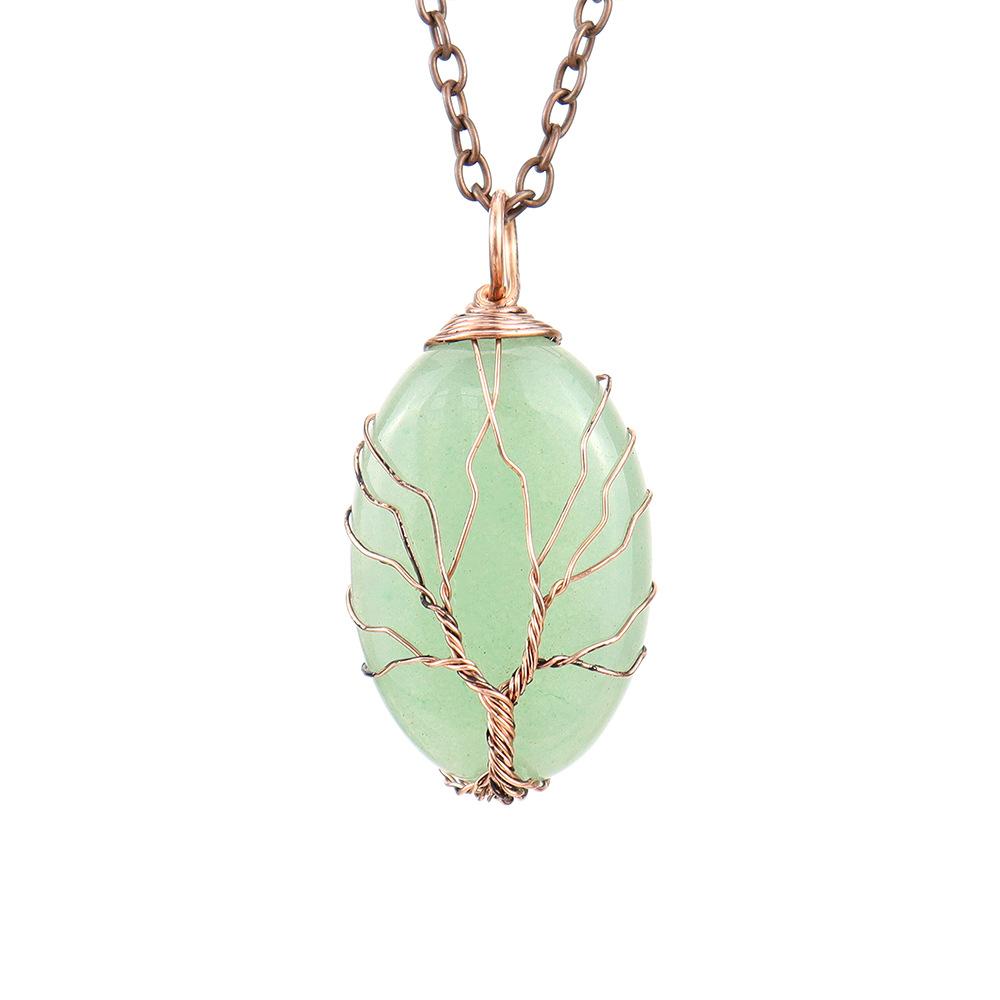 Natural Crystal Rough Stone Hand-Wound Egg-Shaped Tree Of Life Pendant Necklace N645