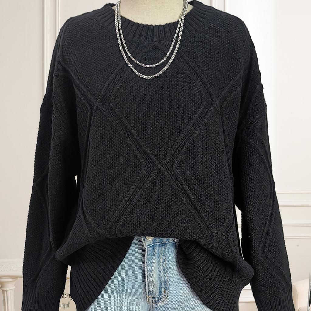 Women's Clothing Diamond-patterned Jacquard Loose and Laid-back Style Casual Pullover Sweater