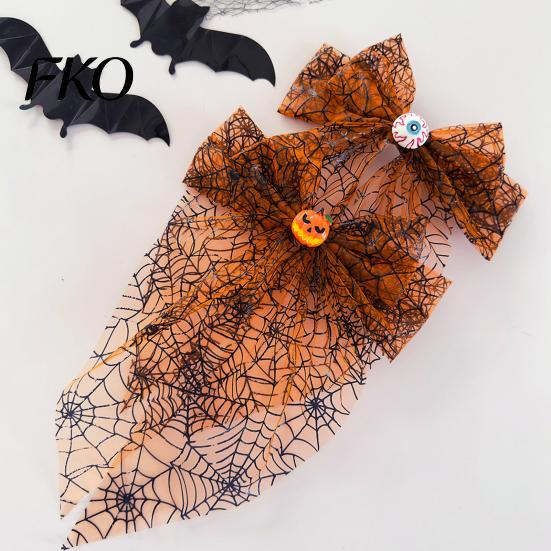 Lightweight Hair Clip Halloween Spider Web Bow Clip, Pumpkin Eyeball Tulle with Long Tails, Women Accessories for Holiday Party Accessory