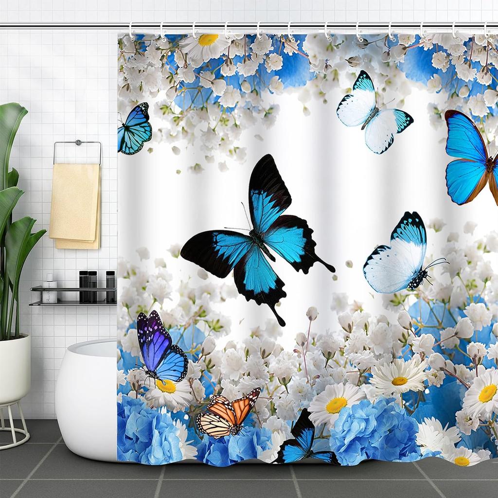 Blue Butterfly Shower Curtain Floral Butterflies Shower Curtains for Bathroom Waterproof Polyester Fabric Bath Curtain