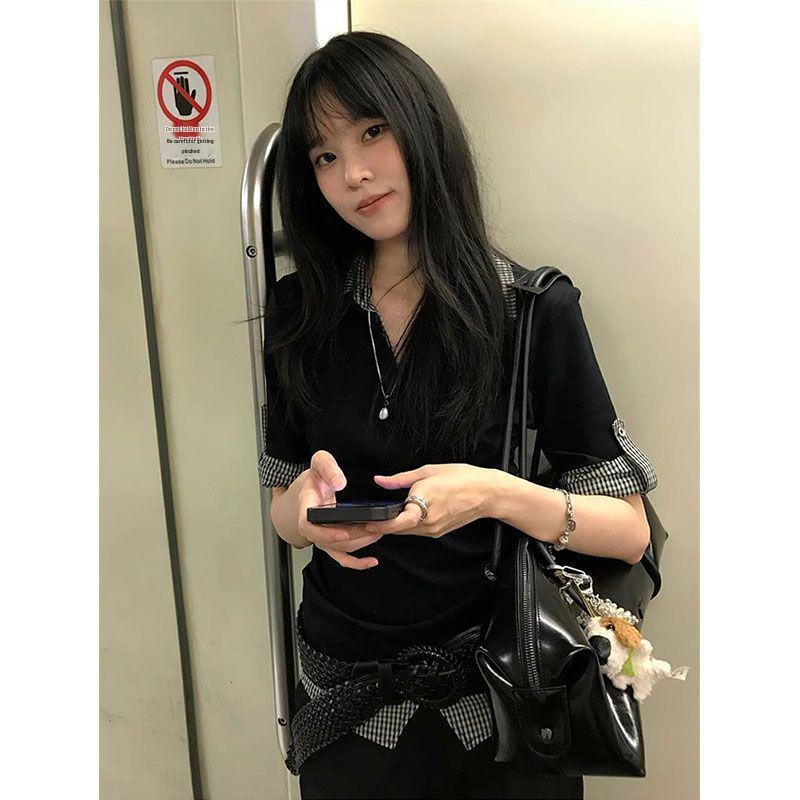 Y2K Spring Fashion Color Block Polo Collar Short Sleeve T-Shirt - Sexy Slim Fit Two-Piece Look.