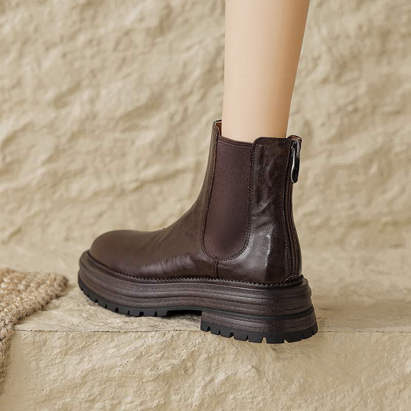 Krazing Pot Sheep Skin Round Toe Winter Med Heels Chelsea Boots Women Zipper Retro Fashion Platform Ankle Boots