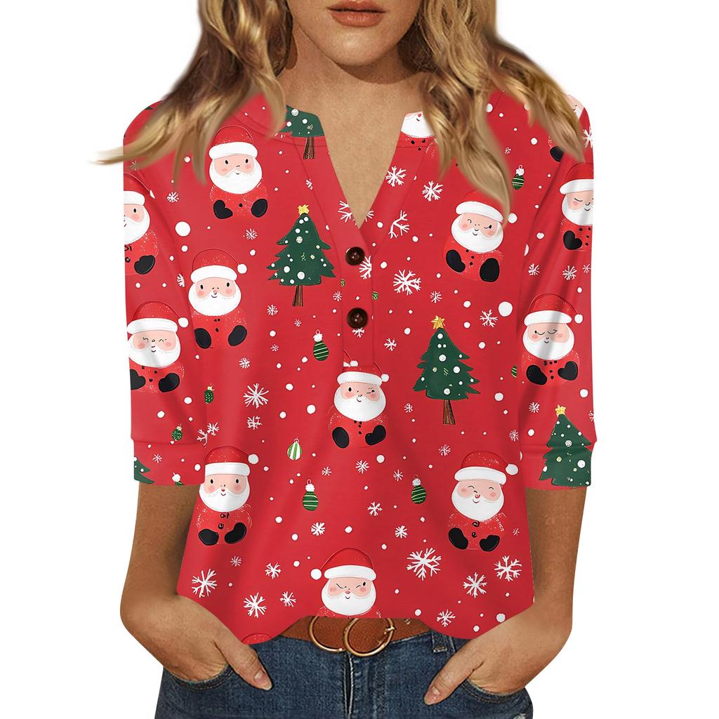 Women's T Shirt Christmas Print Button 3/4 Sleeve Daily Weekend Fashion Basic V- Neck Regular Top