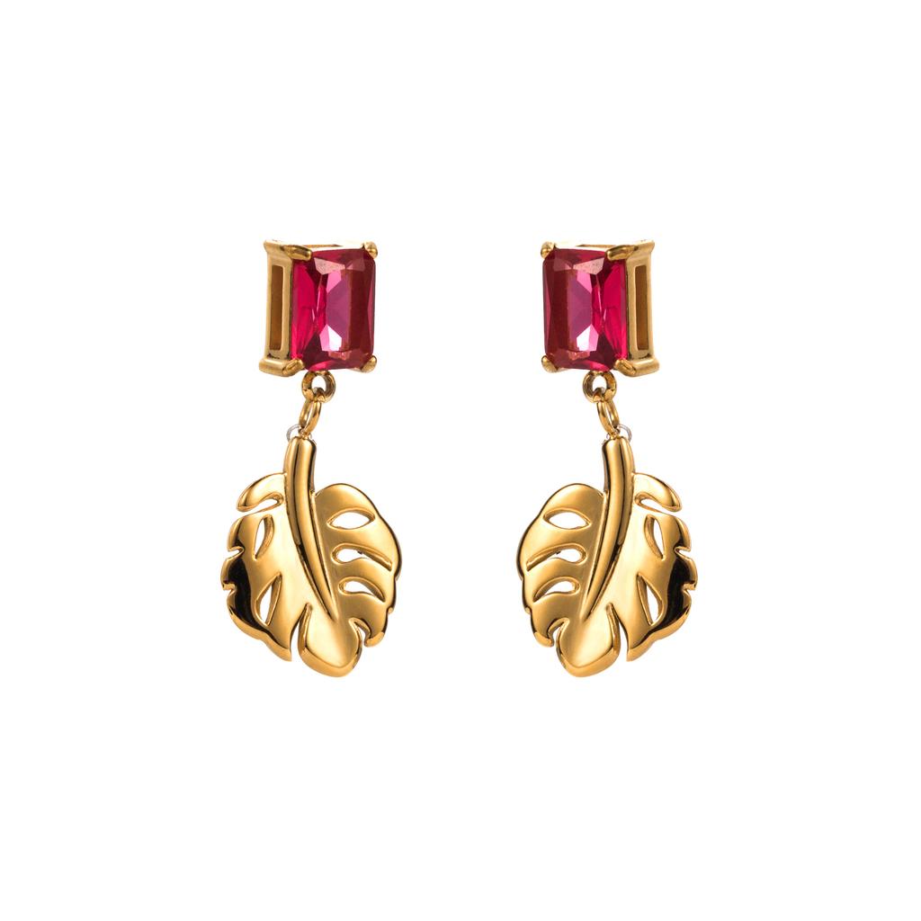 Gorgeous Vintage Stainless Steel Leaf Earrings with Zirconium Stones