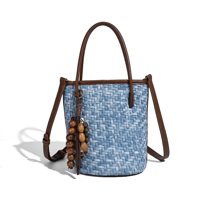 Niche Color-Block Woven Bag 2025 New Fashion Light Luxury Bucket Bag Single Shoulder Crossbody Bag Trendy Handbag