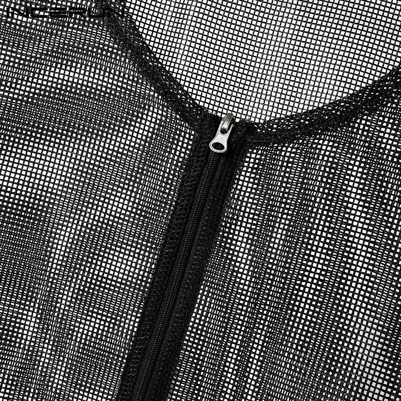 INCERUN Men Long Sleeve Mesh See Through Hollow Out Zipper Beach Shirts Tops