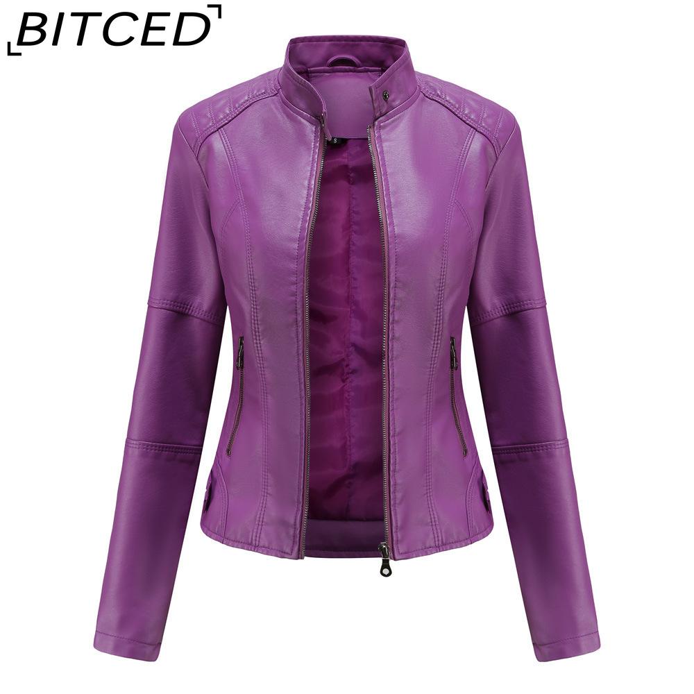 BITCED Women's Slim-Fit Leather Jacket - Lightweight Spring/Autumn Outerwear Motorcycle-Style Oversized Stand Collar Leather Jacket
