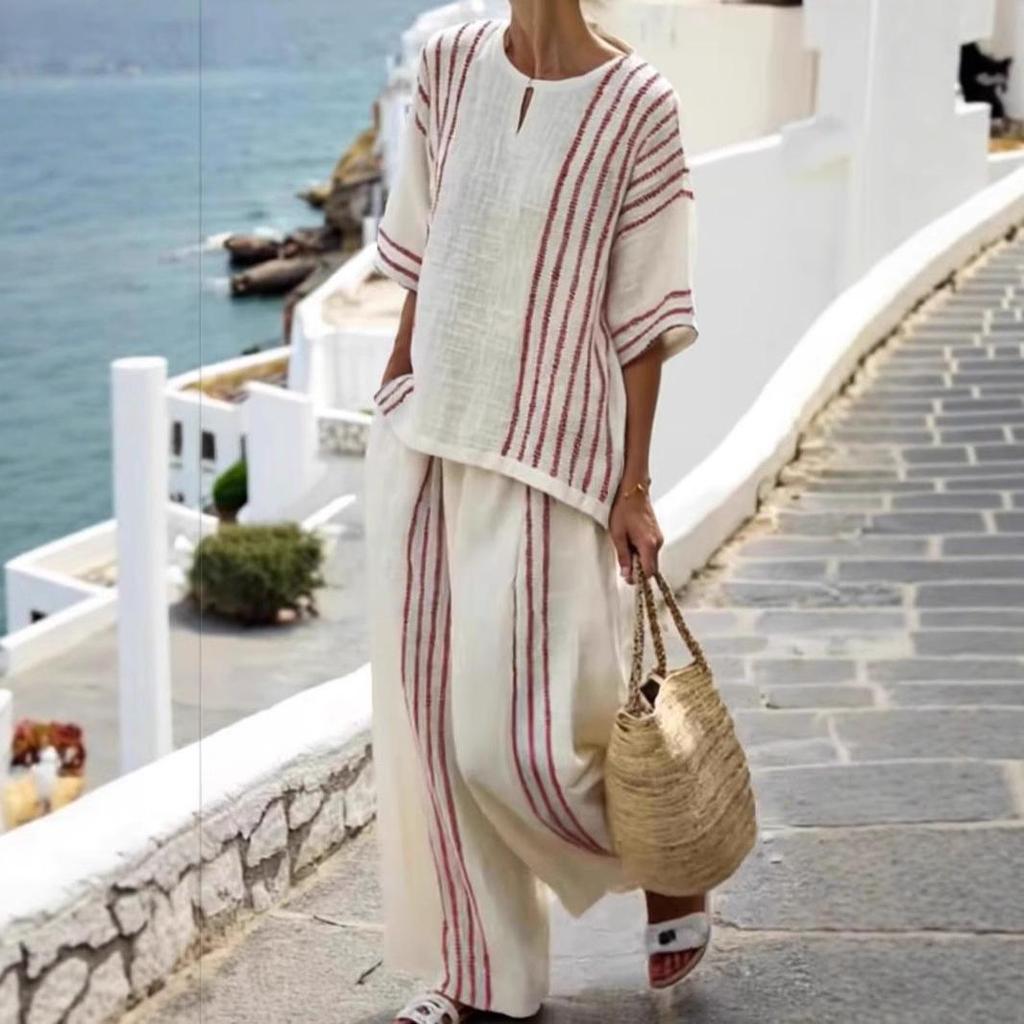 Women's Linen Blend Black Striped Short Sleeve Top and Wide Leg Pants Set for Summer Vacation