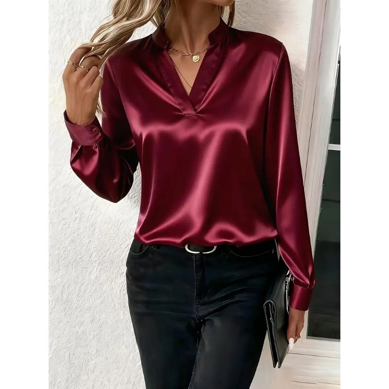New Spring and Autumn Loose V-neck Office Womens Blouse Simple Long Sleeved Shirt Fashion Casual Solid Color Elegant Clothing