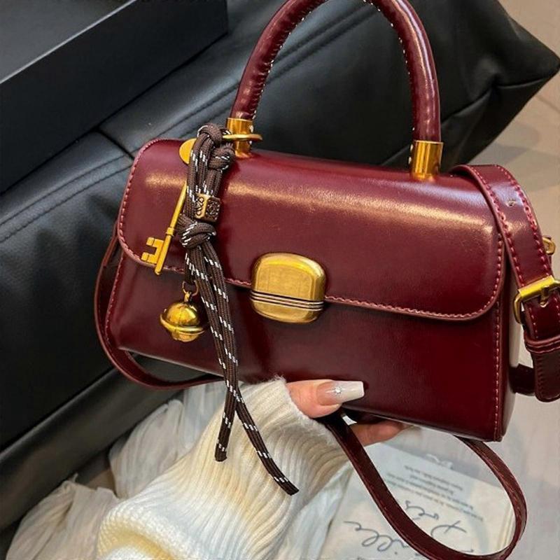 Elegant Retro Top Handle Bag For Women and Girls Flap Shape Handbag PU Shoulder Crossbody 2025 Winter Collection Red