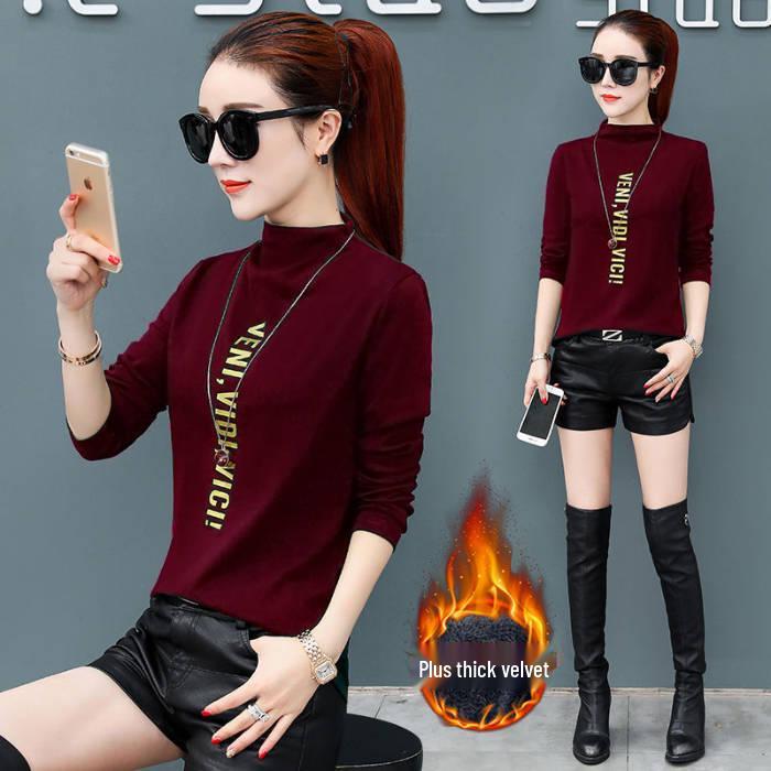 

Women s Slim Fit High Neck Long Sleeve T-shirt - Korean Style Autumn/Winter Base Layer 3XL вина червоного кольору