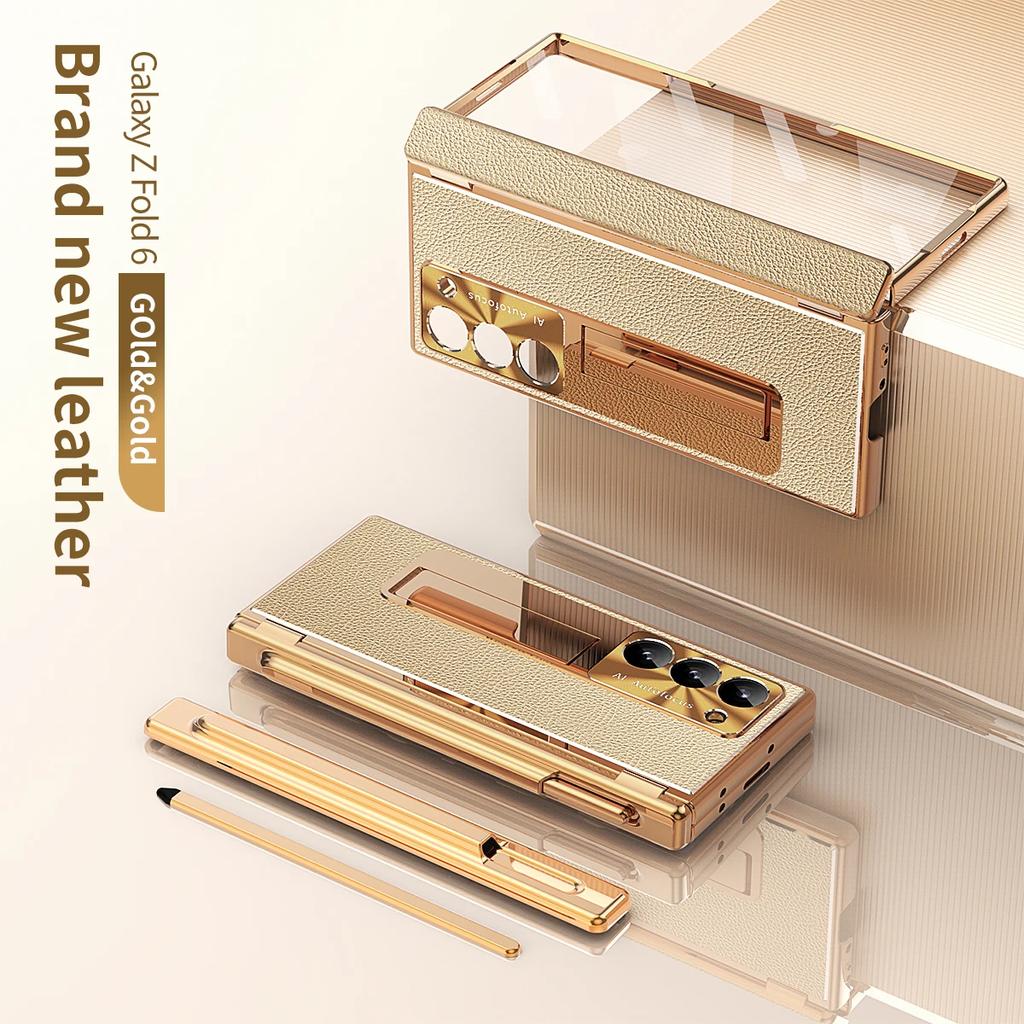 Metal Aluminum Alloy Case for Samsung Galaxy Z Fold 6 5 4 3 with Touch Pen Leather Full Protector Glass Film Stand Folding Cover