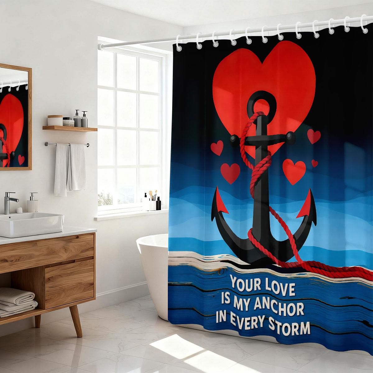 

1 red heart-shaped boat anchor printed waterproof shower curtain partition privacy hanging curtain with 12 hooks, multiple siz 90x180cm