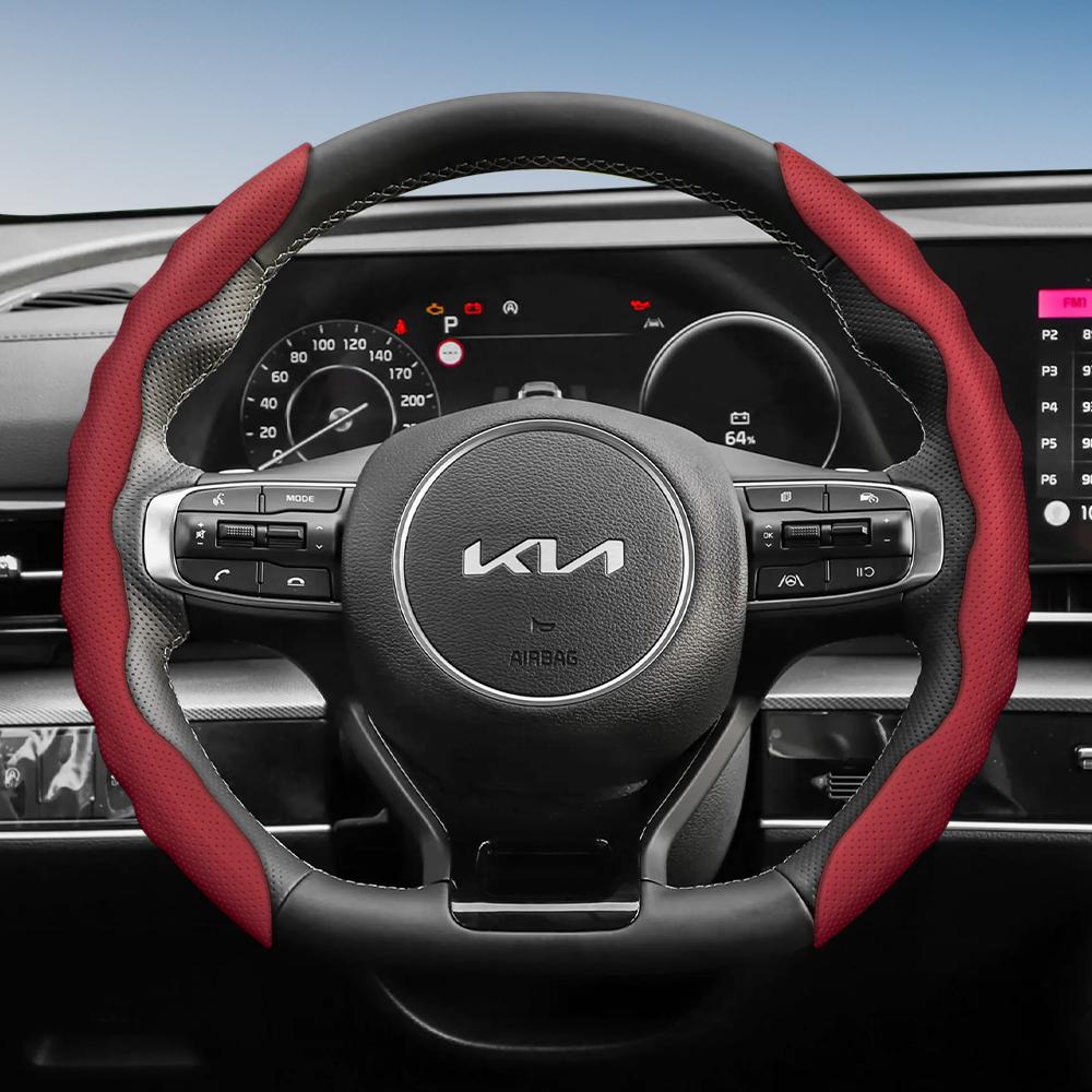 Suitable for Kia Steering Wheel Cover with Wavy Sports Design, Breathable Leather, Segmented Anti-Slip, Sweat-Absorbing Protective Cover for Ceed,