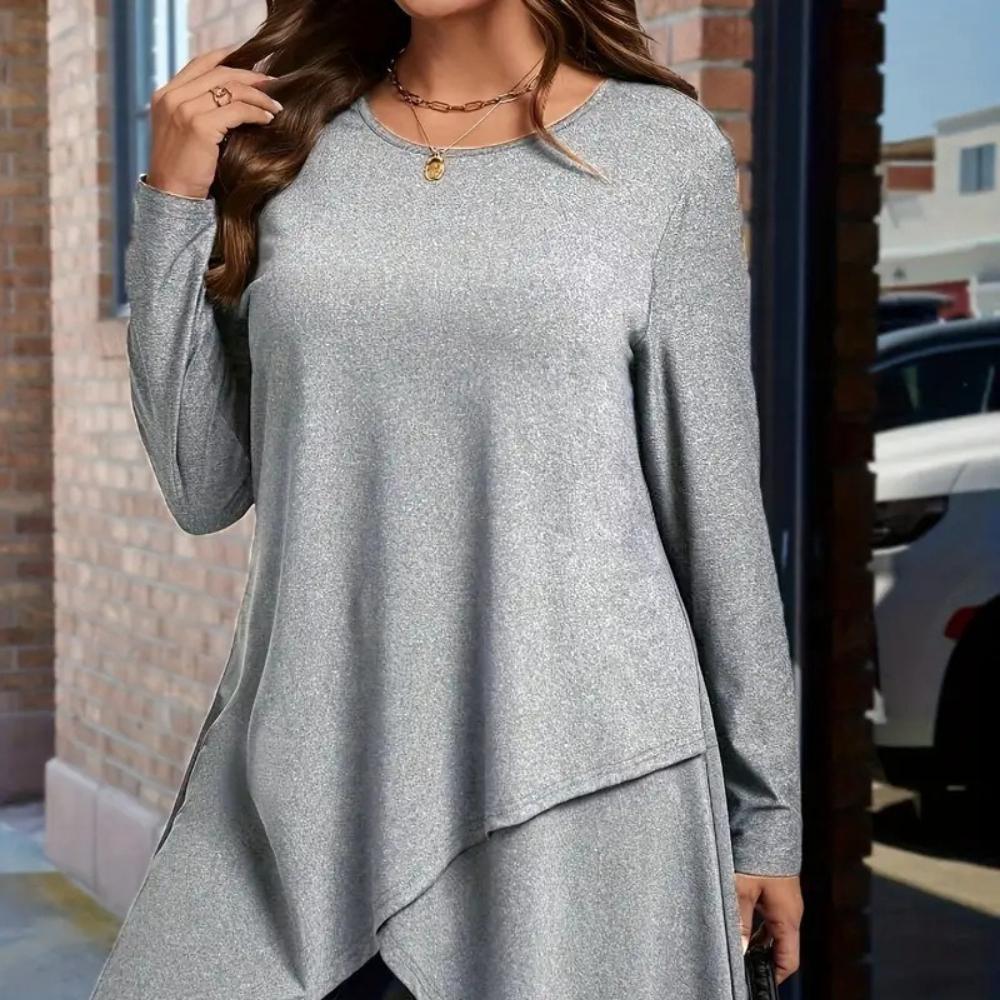 

2026 European and American New Asymmetrical Hem Casual Loose Long Sleeved Solid Color Top 5XL світло-сірого кольору